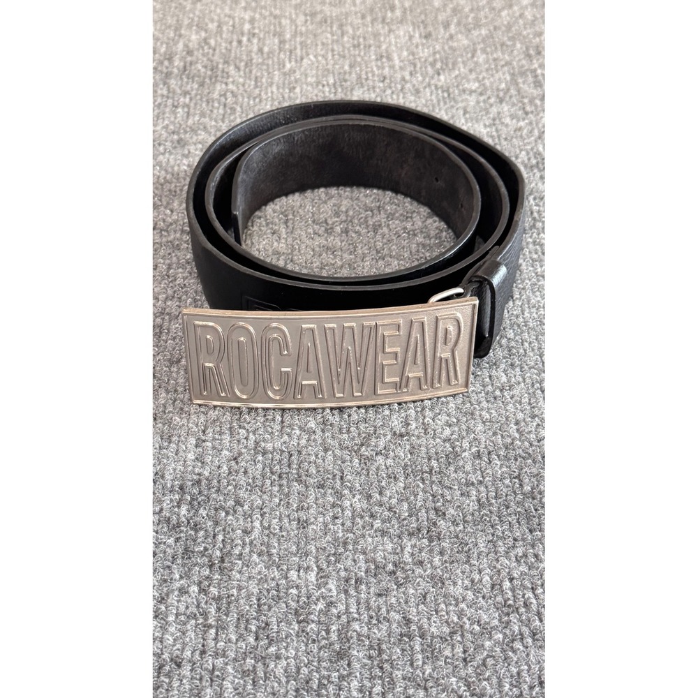 Rocawear Mens Black Italian Leather Belt Silver Logo Plaque Buckle Size 38